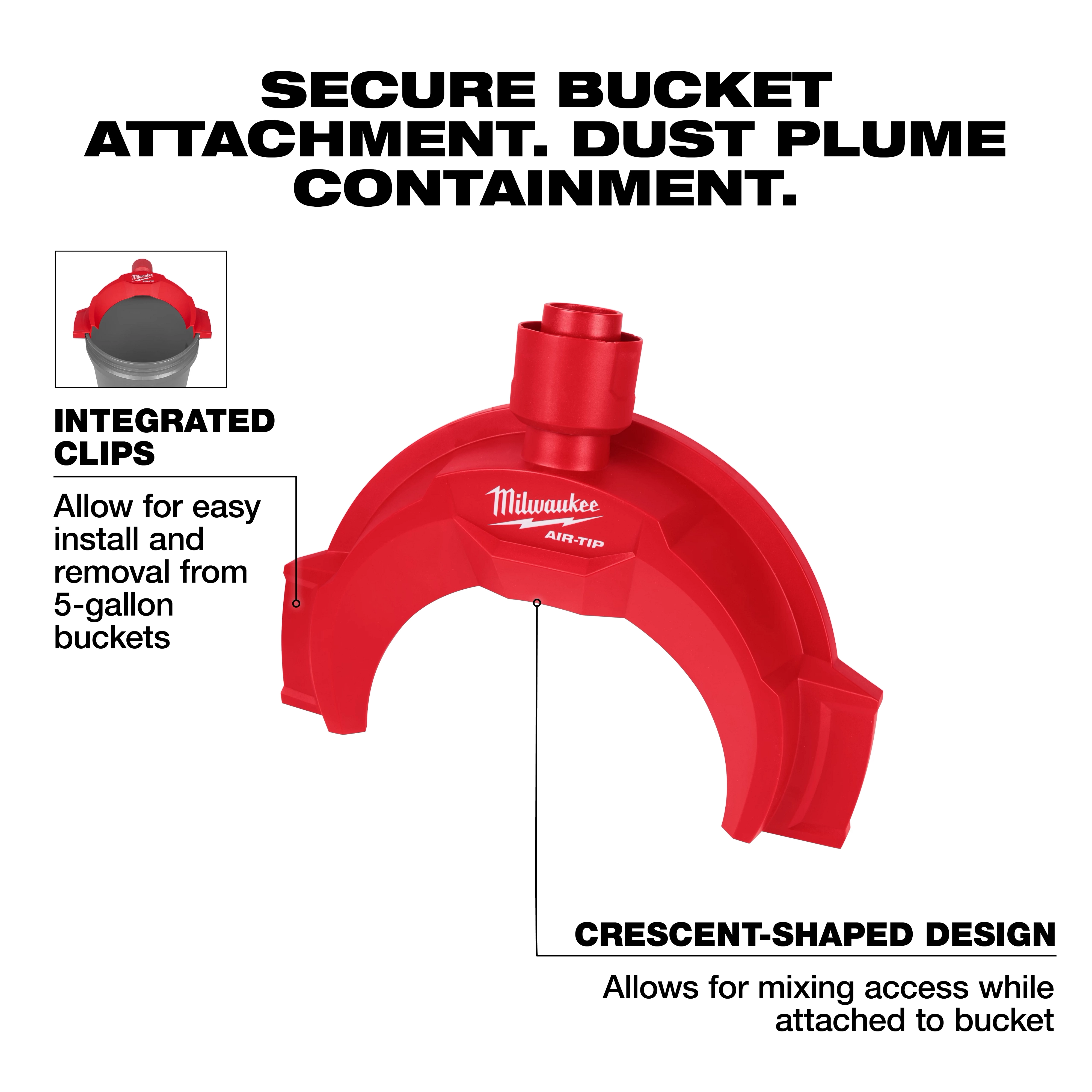 AIR-TIP Bucket Topper Dust Collector with integrated clips, crescent-shaped design for easy attachment to 5-gallon buckets.
