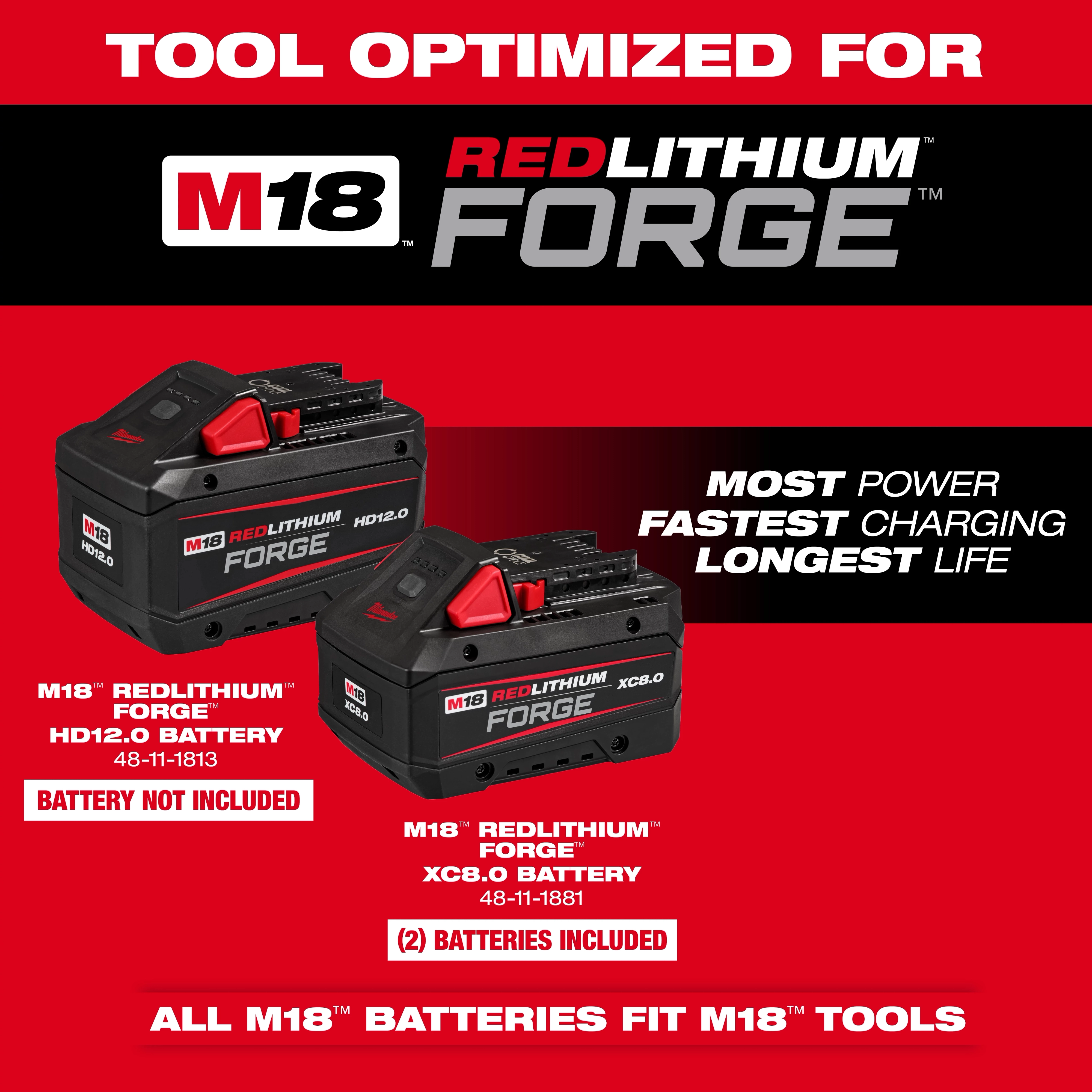 Two M18 RedLithium Forge batteries, model HD12.0 and XC8.0, are displayed with descriptions indicating battery inclusion status.