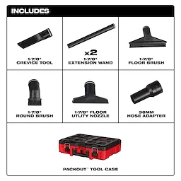 The image shows the PACKOUT™ Cleaning Accessory Kit, including a crevice tool, two extension wands, a floor brush, a round brush, a floor utility nozzle, a 36mm hose adapter, and a PACKOUT™ tool case. The components are arranged in a grid format with descriptions.