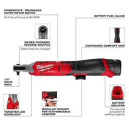 Milwaukee M12 FUEL™ 1/4" Ratchet features a brushless motor delivering 45 ft-lbs of torque and 550 RPM. It has a contoured comfort grip, modular trigger, raised forward/reverse shuttle, targeted LED work light, and battery fuel gauge for better control. Equipped with a battery isolator for secured connection.