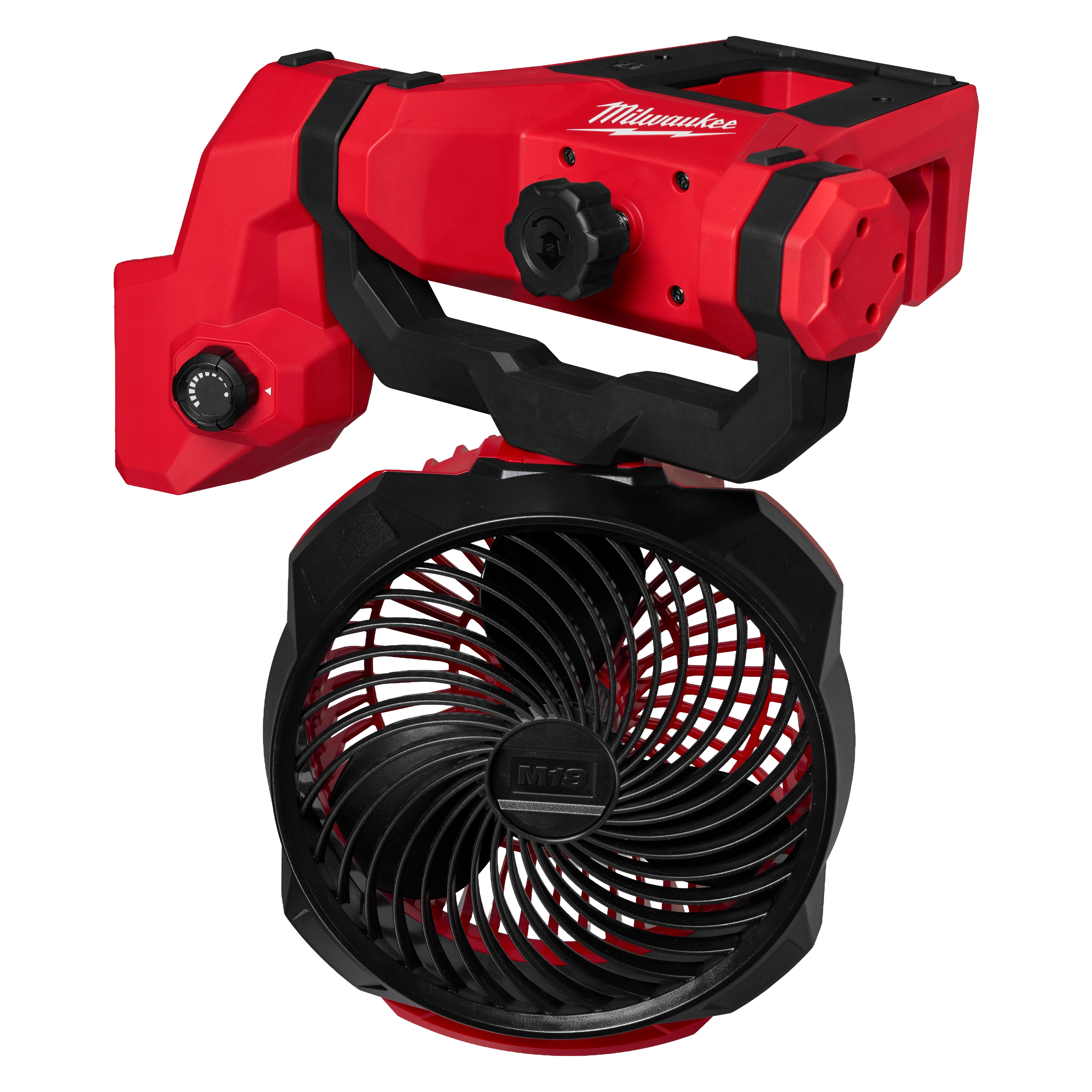 M18 Brushless Scissor Lift Fan features an attachable clamp and adjustable airflow controls.