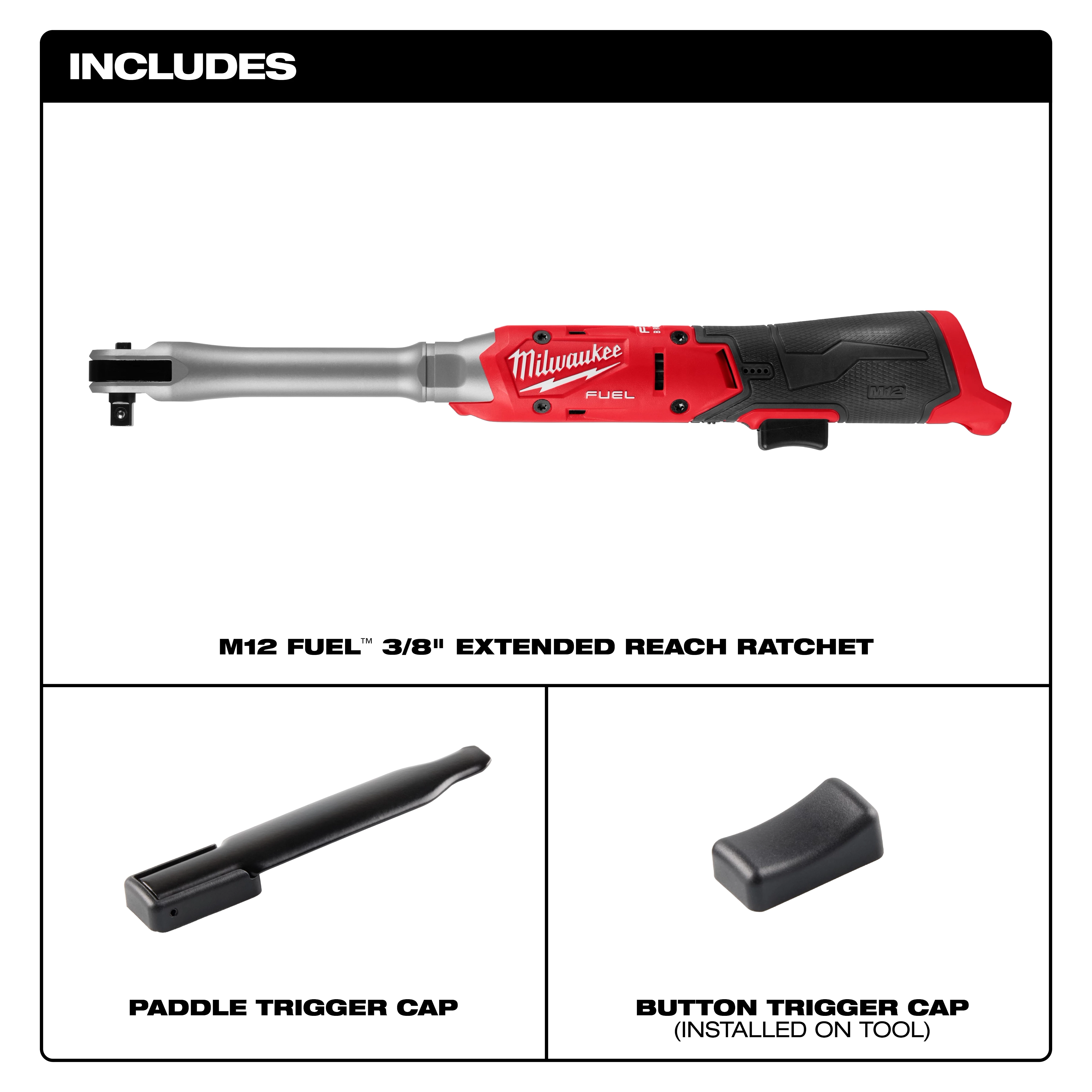 M12 FUEL 3/8" Extended Reach Ratchet with paddle trigger cap and button trigger cap shown on a white layout.
