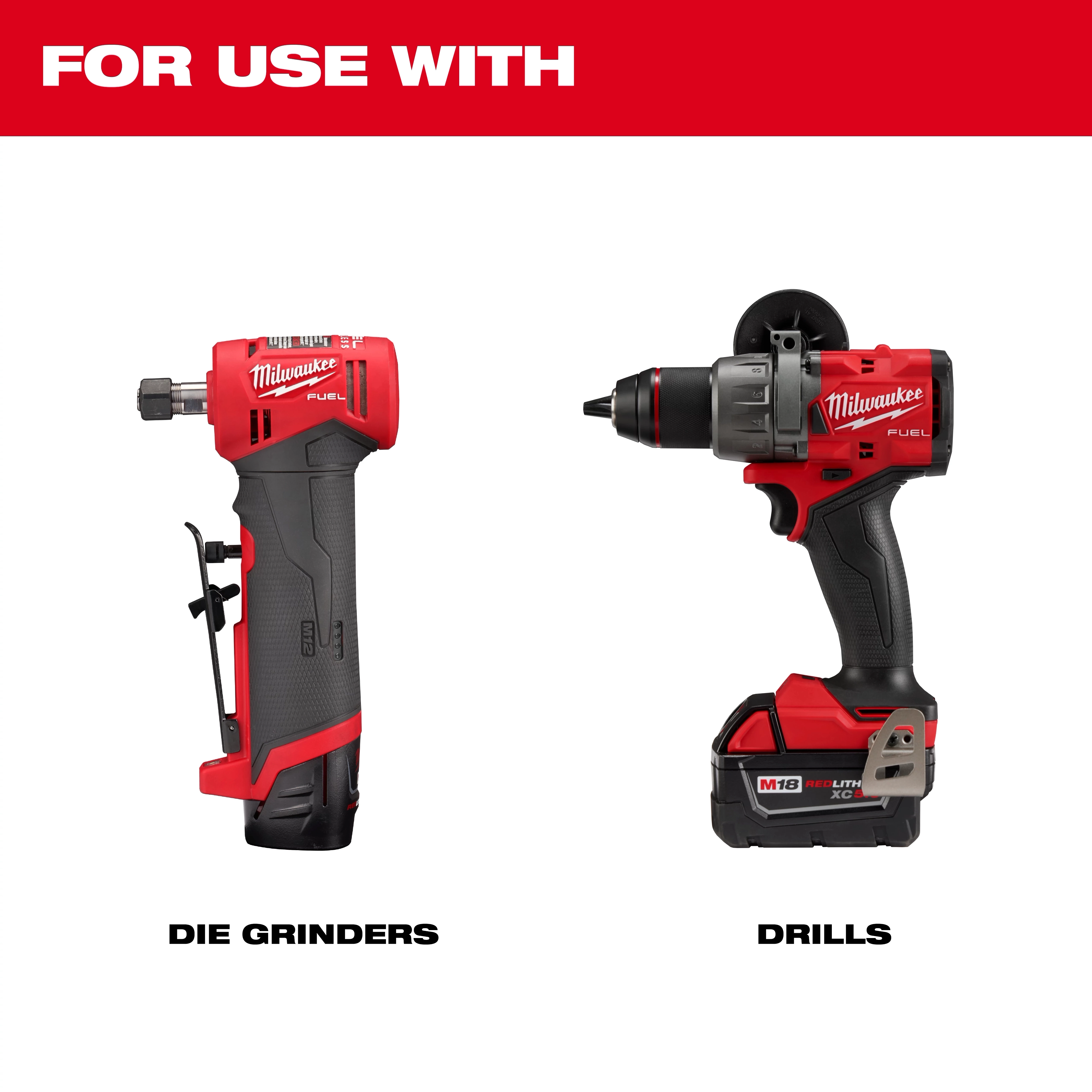 The image shows a 10PC 2" Quick Change Disc Kit, 50 GRIT SANDING DISC suggested for use with Milwaukee die grinders and drills, displayed side by side. The words "FOR USE WITH" are at the top.