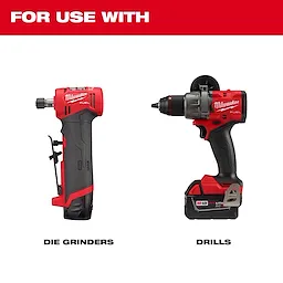 The image shows a 10PC 2" Quick Change Disc Kit, 50 GRIT SANDING DISC suggested for use with Milwaukee die grinders and drills, displayed side by side. The words "FOR USE WITH" are at the top.