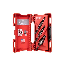 A red hard plastic case displaying the SHOCKWAVE Impact Duty Titanium Step Bit Kit (3-Piece). The case contains three titanium step bits in designated slots. Product highlights include "Up to 5X Life," compatibility with impacts and drills, and a small American flag indicating "Made in USA."