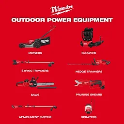 Milwaukee Outdoor Power Equipment displayed on a red background includes mowers, blowers, string trimmers, hedge trimmers, saws, pruning shears, an attachment system, and sprayers.
