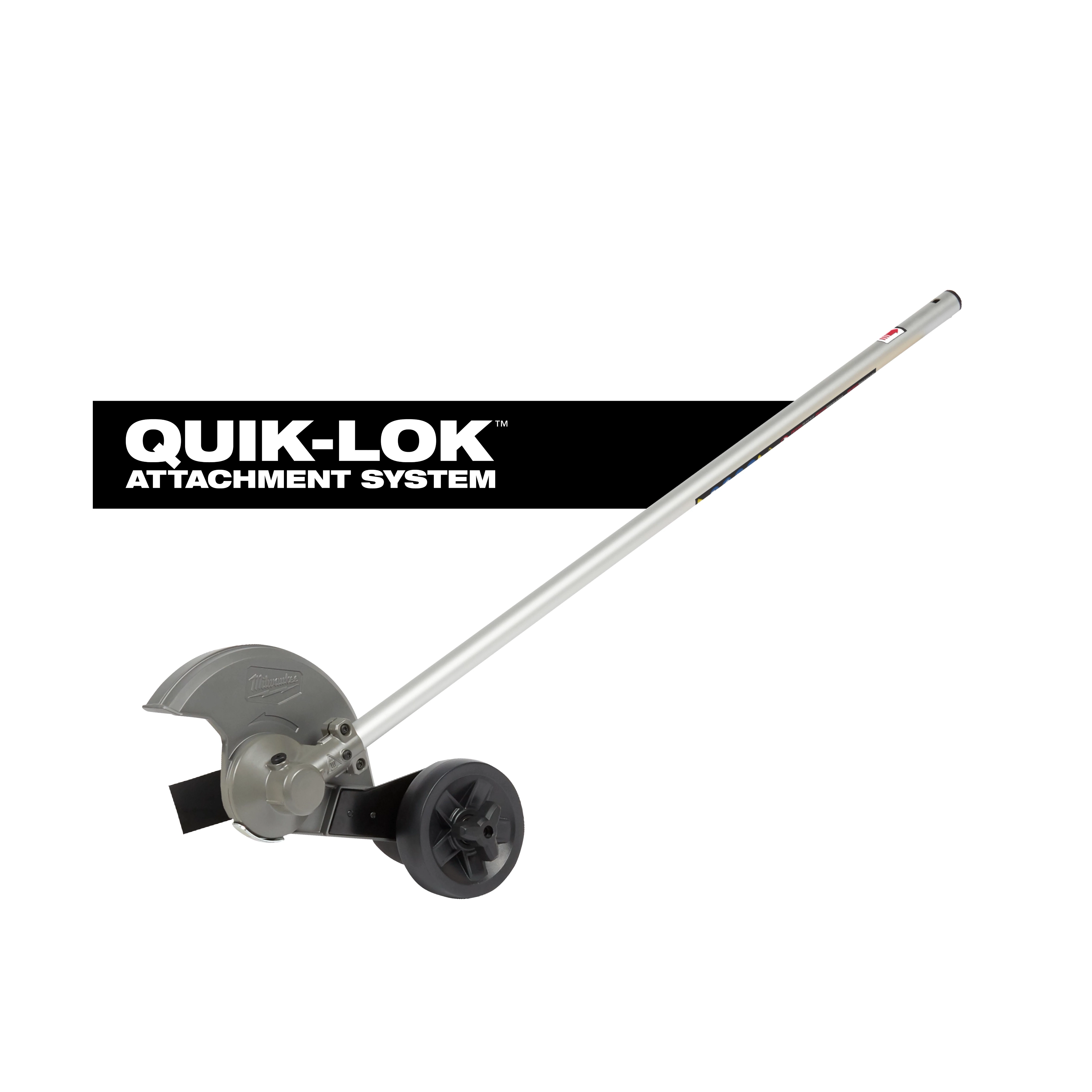 QUIK-LOK Edger Attachment with long metal shaft, blade guard, and single wheel on white background.