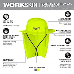 WORKSKIN Sunshade Hat - Yellow, featuring UPF 50+ protection, moisture-wicking sweatband, detachable neck shade, and water-resistant shell.