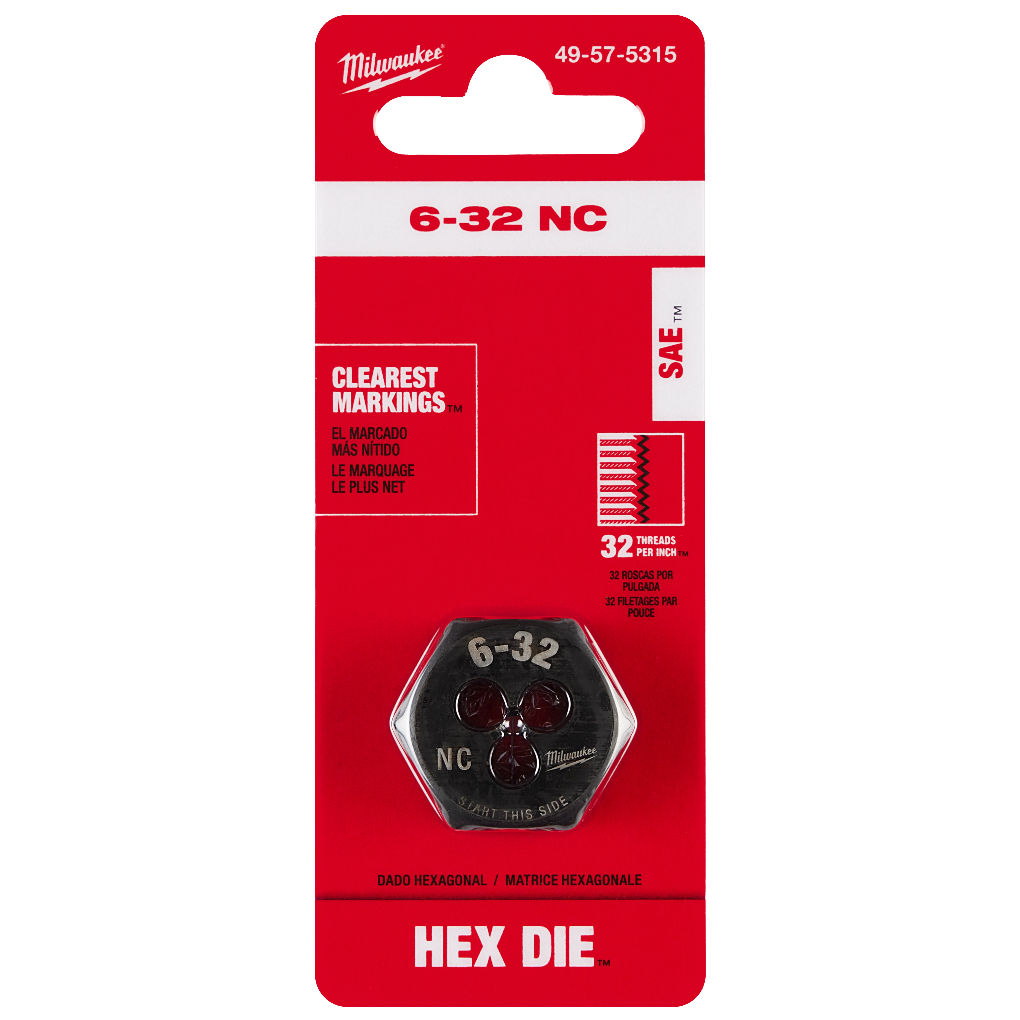6-32 NC 1-Inch Hex Threading Die packaging showing black hex die tool, product information, and clear markings claim.
