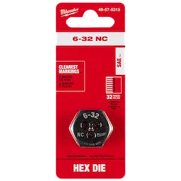 6-32 NC 1-Inch Hex Threading Die packaging showing black hex die tool, product information, and clear markings claim.