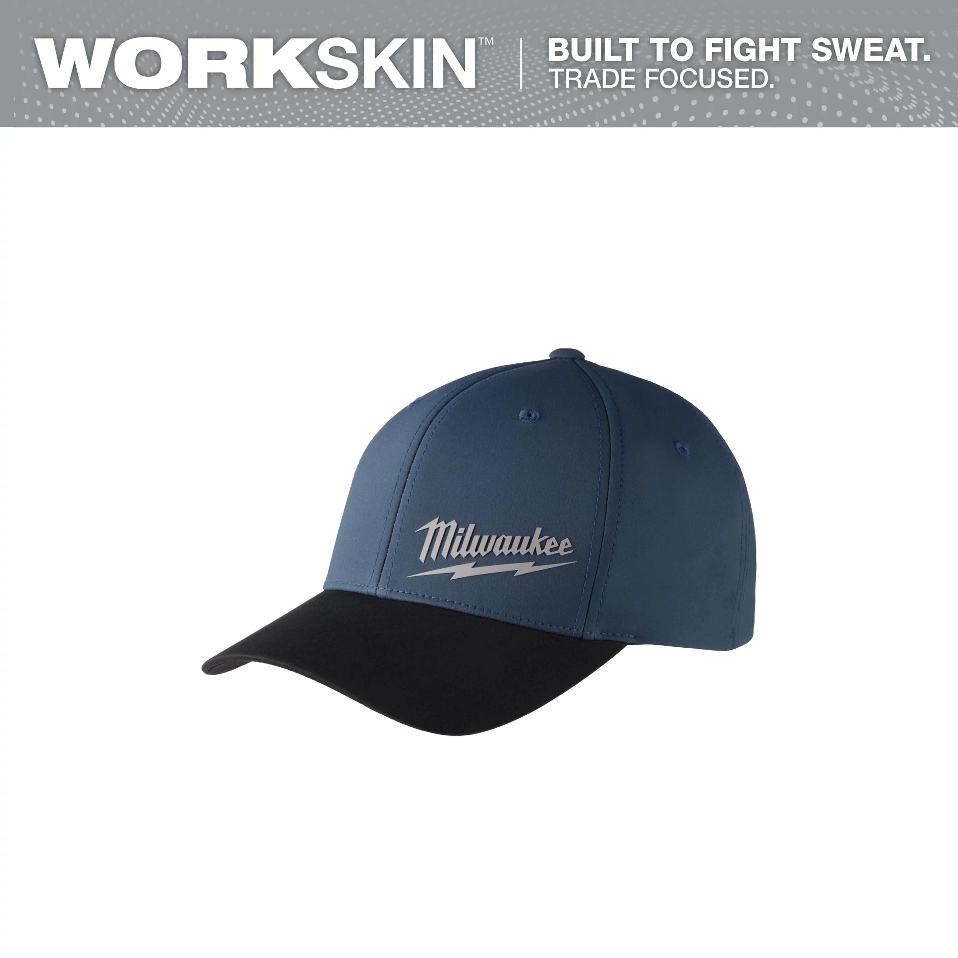 WORKSKIN Performance Fitted Hat in blue with a black brim and white Milwaukee logo, designed to fight sweat and provide comfort.