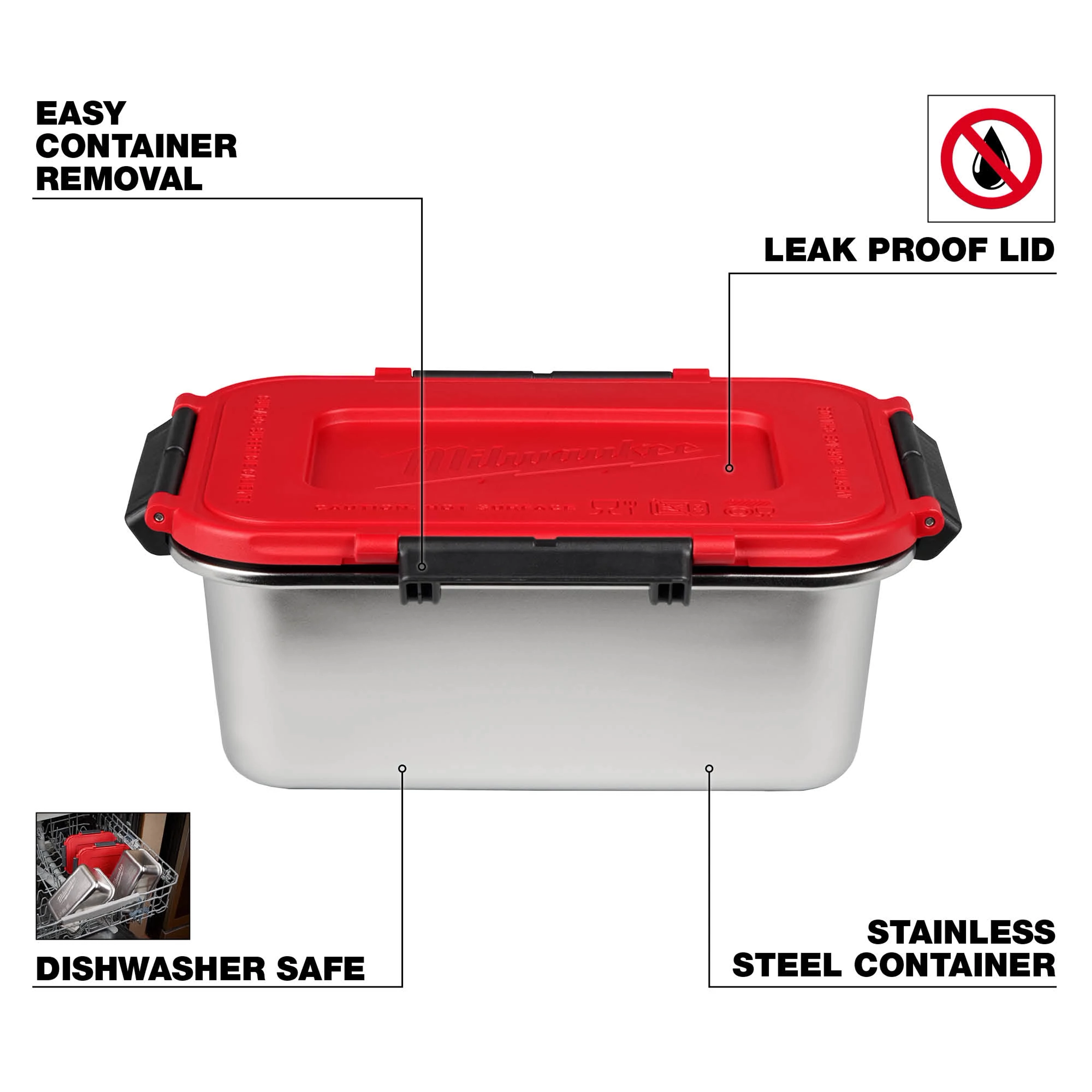 Stainless Steel Container for M18 Jobsite Lunch Warmer with red leak-proof lid, labeled dishwasher safe and stainless steel.