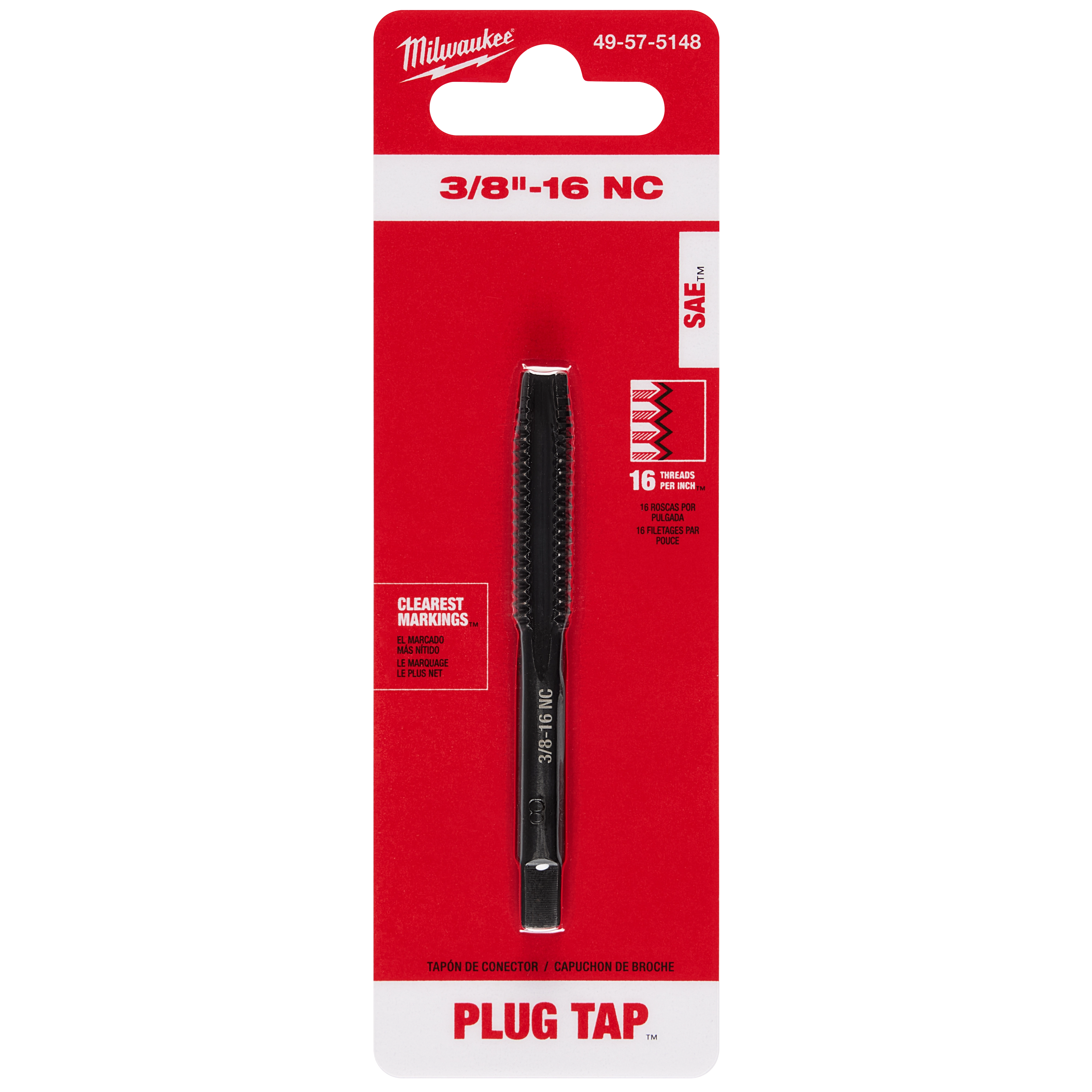 3/8"-16 NC Straight Flute Plug Tap in packaging. Black tap tool with clear markings and specifications against red and white background.