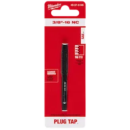 3/8"-16 NC Straight Flute Plug Tap in packaging. Black tap tool with clear markings and specifications against red and white background.