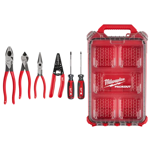 6 PC. Dipped Grip Pliers, Wire Stripper, & Cushion Grip Screwdrivers Set(USA) w/ PACKOUT Low-Profile Compact Organizer.
