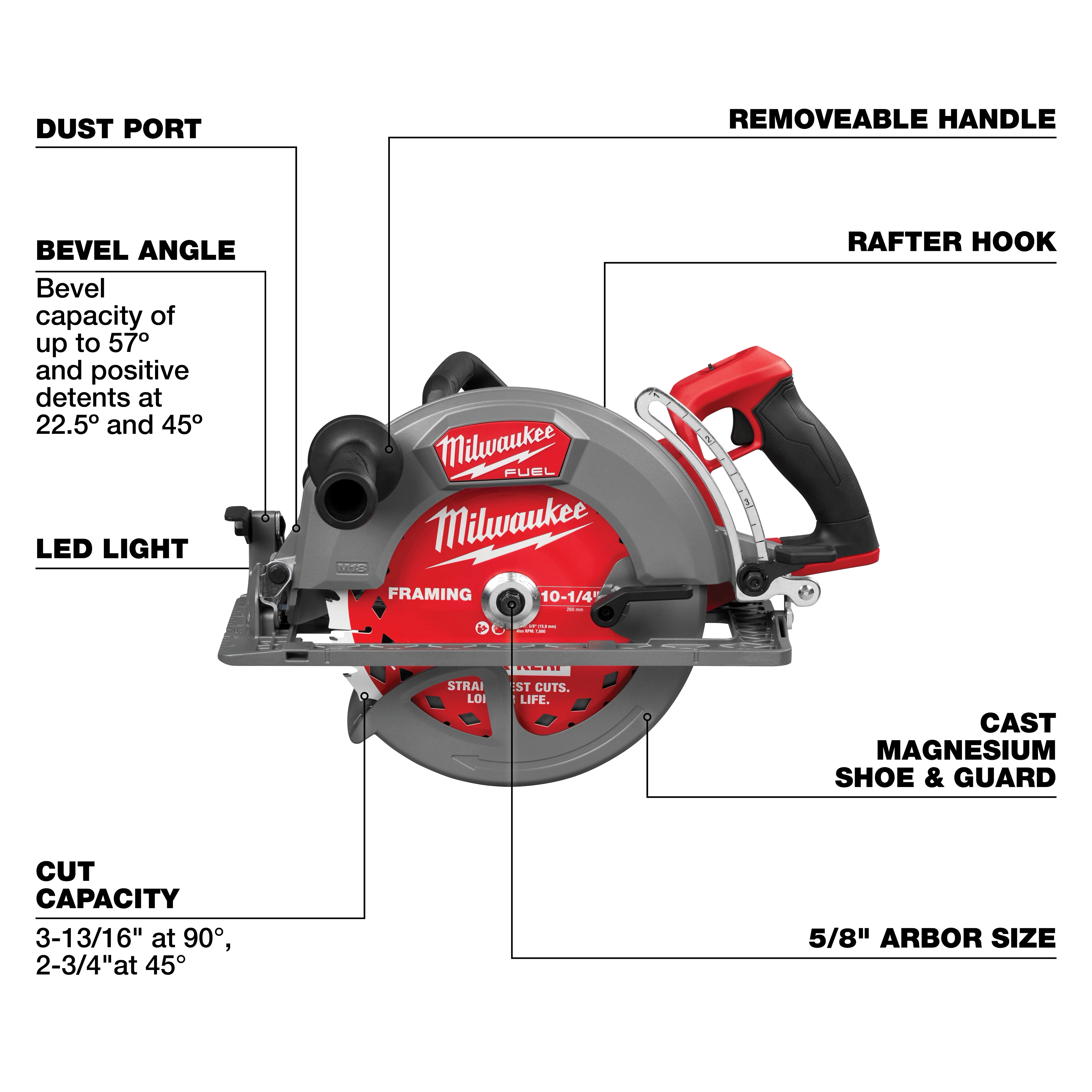 M18 FUEL 10-1/4" Rear Handle Circular Saw with dust port, bevel capacity up to 57°, LED light, rafter hook, and cast magnesium shoe.