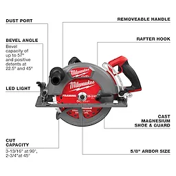 M18 FUEL 10-1/4" Rear Handle Circular Saw with dust port, bevel capacity up to 57°, LED light, rafter hook, and cast magnesium shoe.