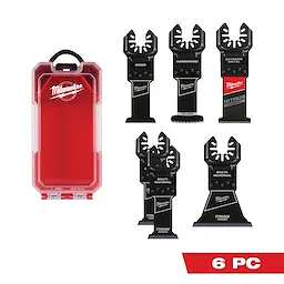 The OPEN-LOK™ 6 PC Oscillating Multi-Tool Blade Set includes six blades for wood, hardwood, multi-material, and metal cutting. Each blade is labeled with its specific use, and the set comes in a red and clear plastic storage case.