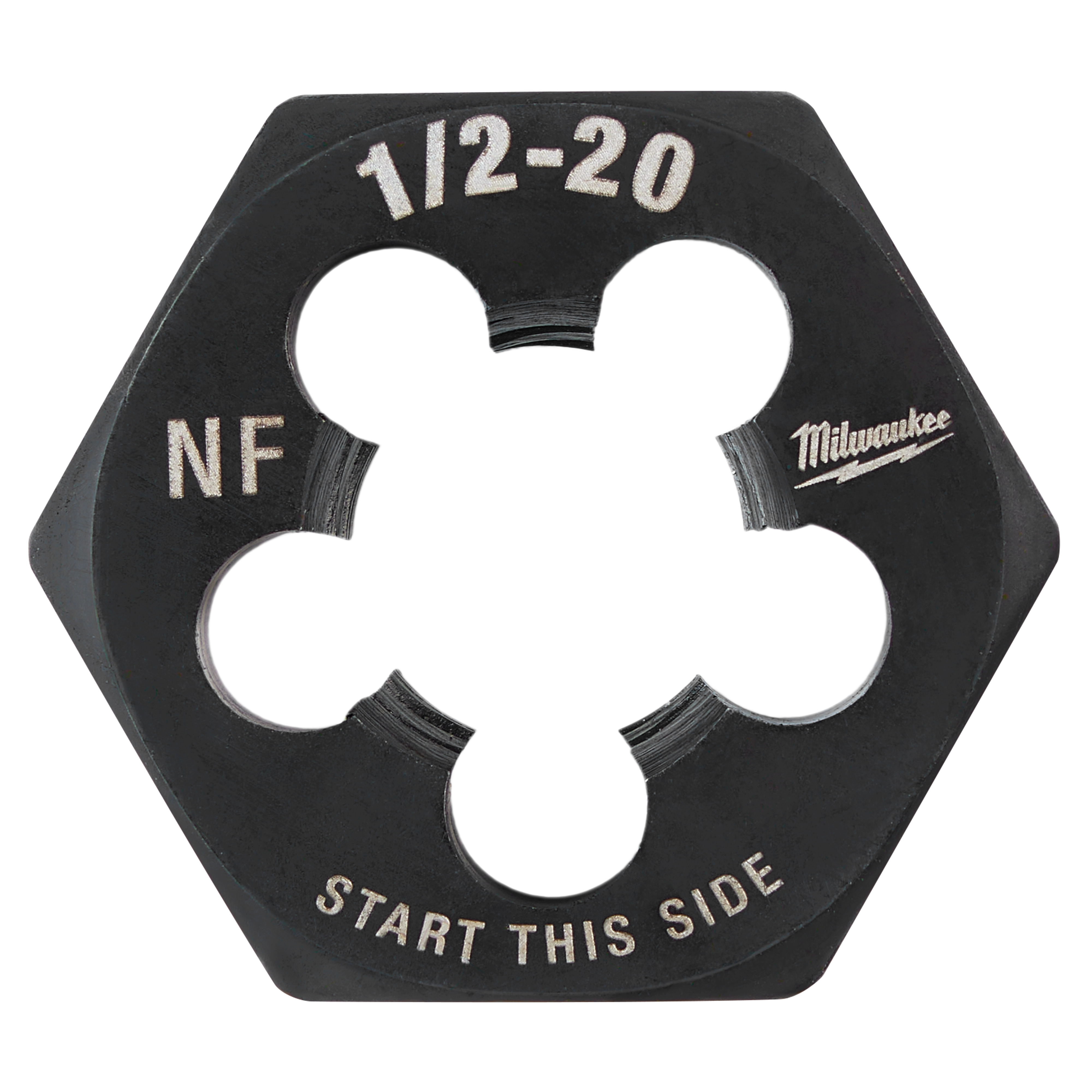1/2"-20 NF 1-Inch Hex Threading Die with black finish, labeled with "START THIS SIDE."