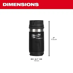 Black insulated bottle with sip lid from PACKOUT, measuring 7 inches tall and 3.1 inches in diameter, capacity of 12 oz.