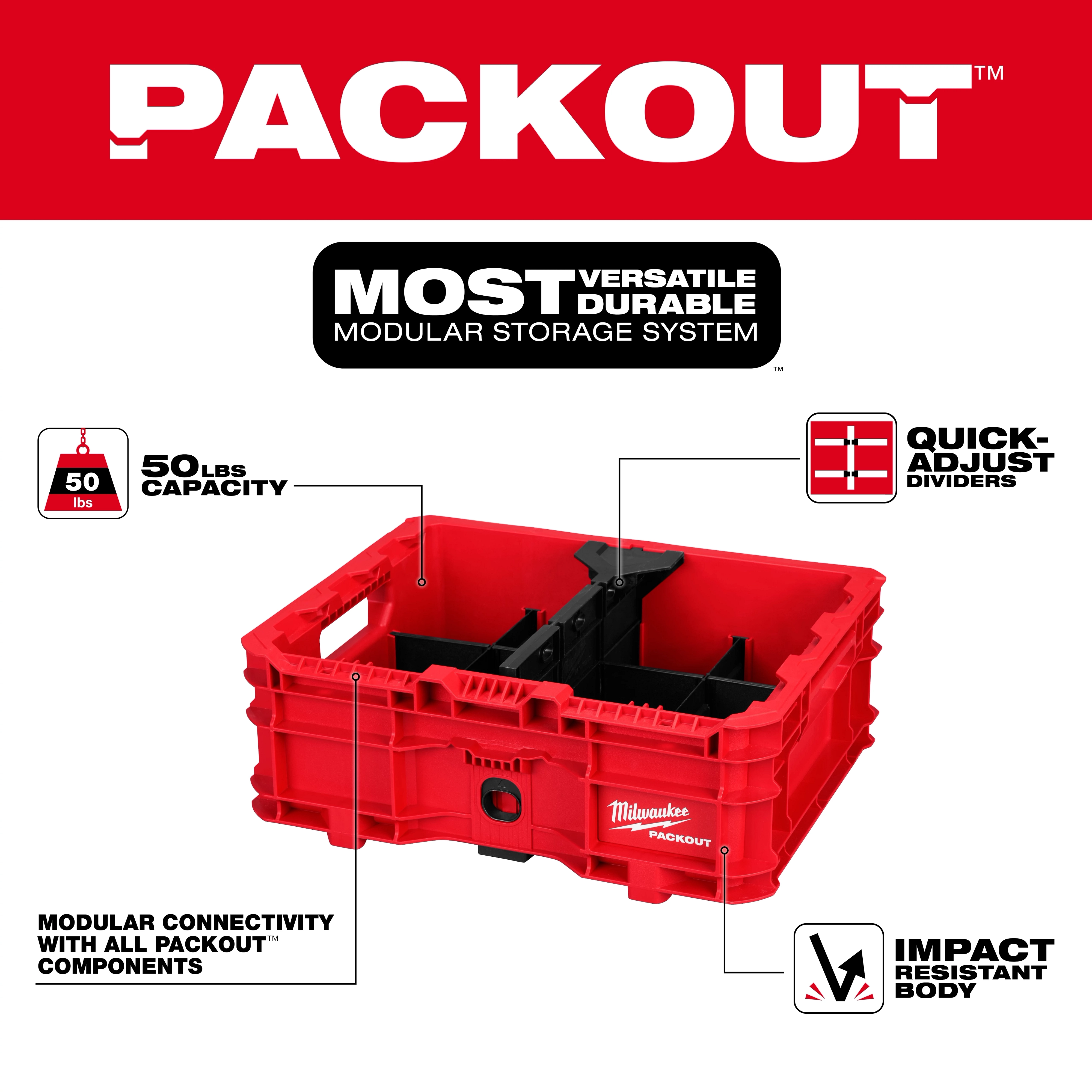 Red PACKOUT Low-Profile Crate with black adjustable dividers and modular storage feature icons around it.