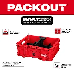 Red PACKOUT Low-Profile Crate with black adjustable dividers and modular storage feature icons around it.