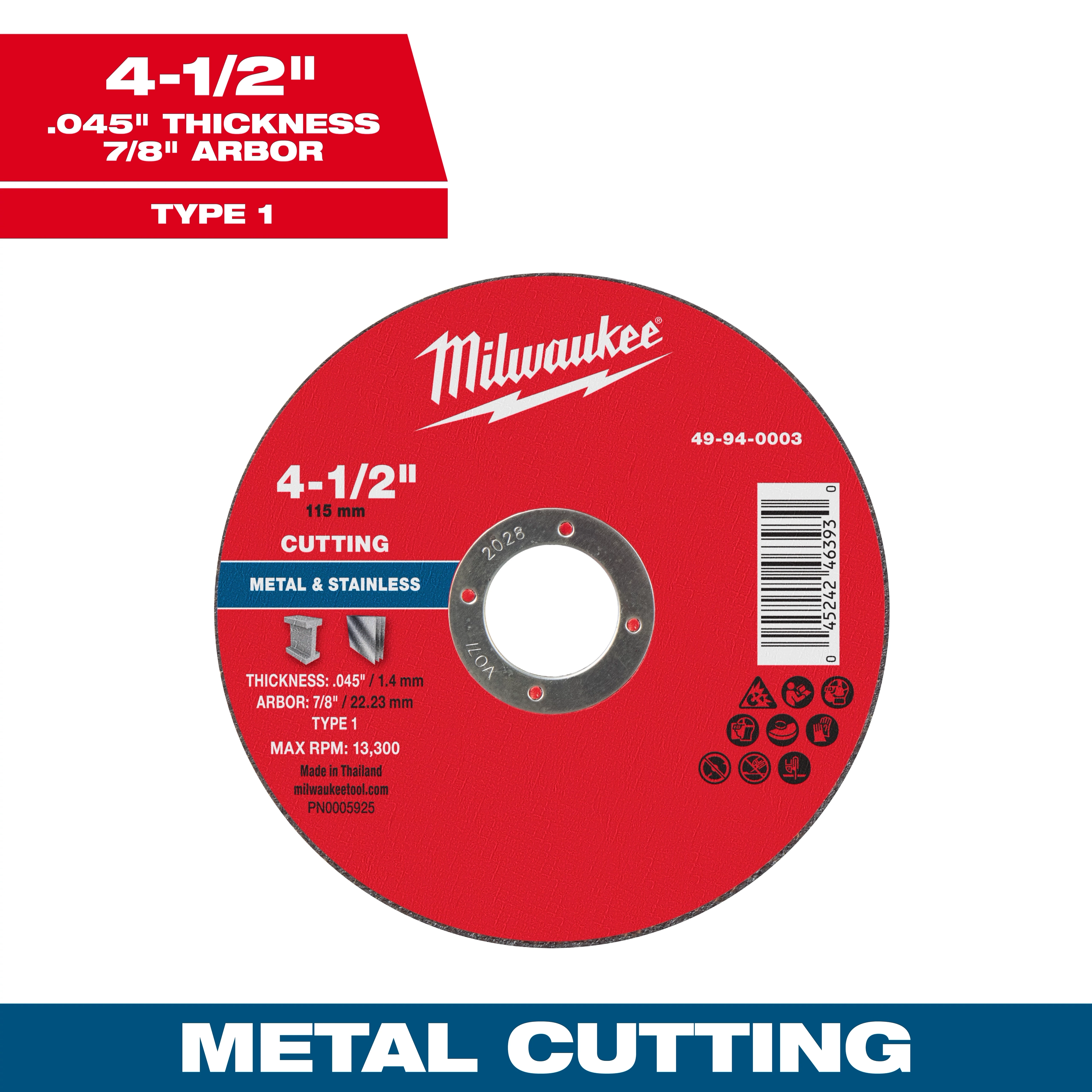 4-1/2" x .045" x 7/8" Metal Cut Off Wheel - Type 1, red with white text, for cutting metal and stainless steel, max RPM 13,300.