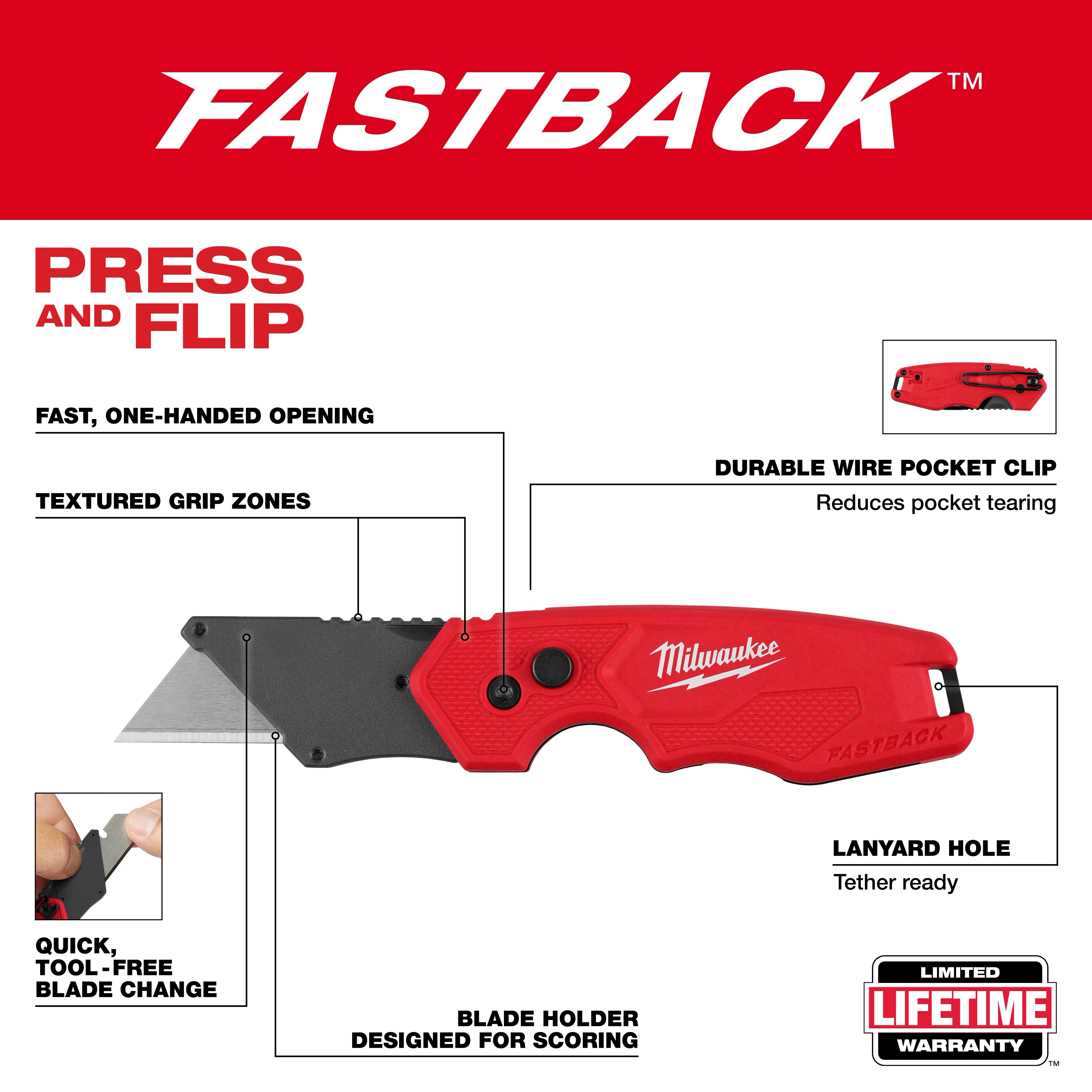 FASTBACK Compact Folding Utility Knife with extended blade and red textured handle on a white background.