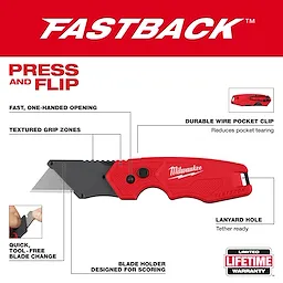 FASTBACK Compact Folding Utility Knife with extended blade and red textured handle on a white background.