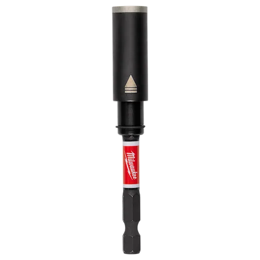 The image shows a SHOCKWAVE™ Impact Duty 3 in. Screw-Holding Bit Holder by Milwaukee. It has a black top, a red Milwaukee logo in the middle, and a hexagonal black base.