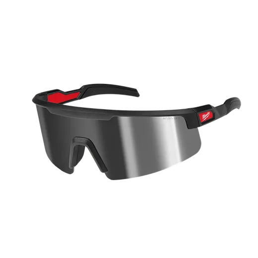 Wrap Around Safety Glasses feature mirrored anti-scratch lenses. The design includes a black frame with red accents, providing full eye coverage and protection. The glasses are sleek and modern, suited for both work and recreational use.