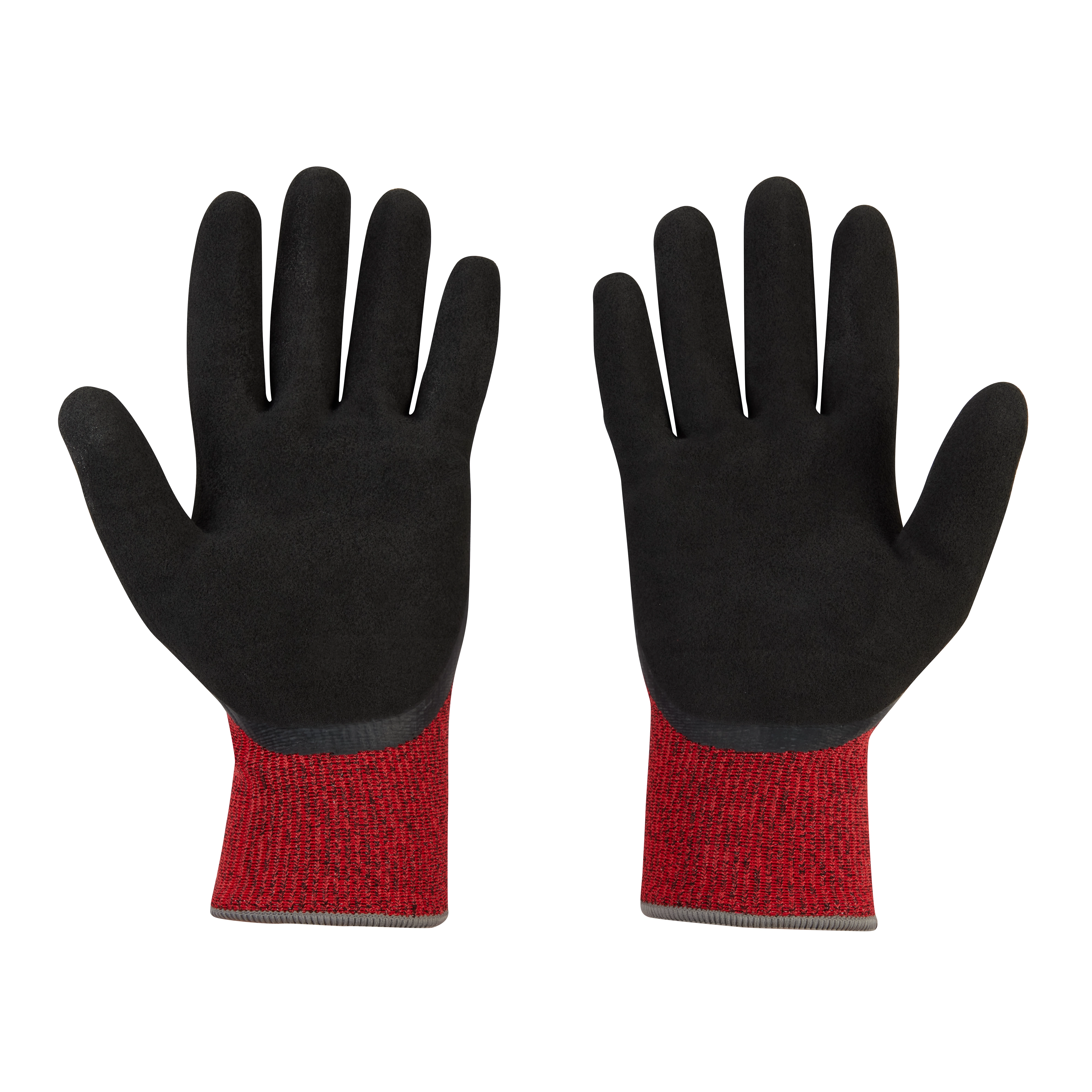 Cut Level 4 Winter Dipped Gloves - S displayed with palms facing upward. Gloves have black coating and red knit cuffs.