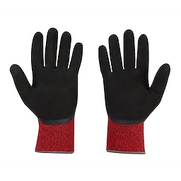 Cut Level 4 Winter Dipped Gloves - S displayed with palms facing upward. Gloves have black coating and red knit cuffs.