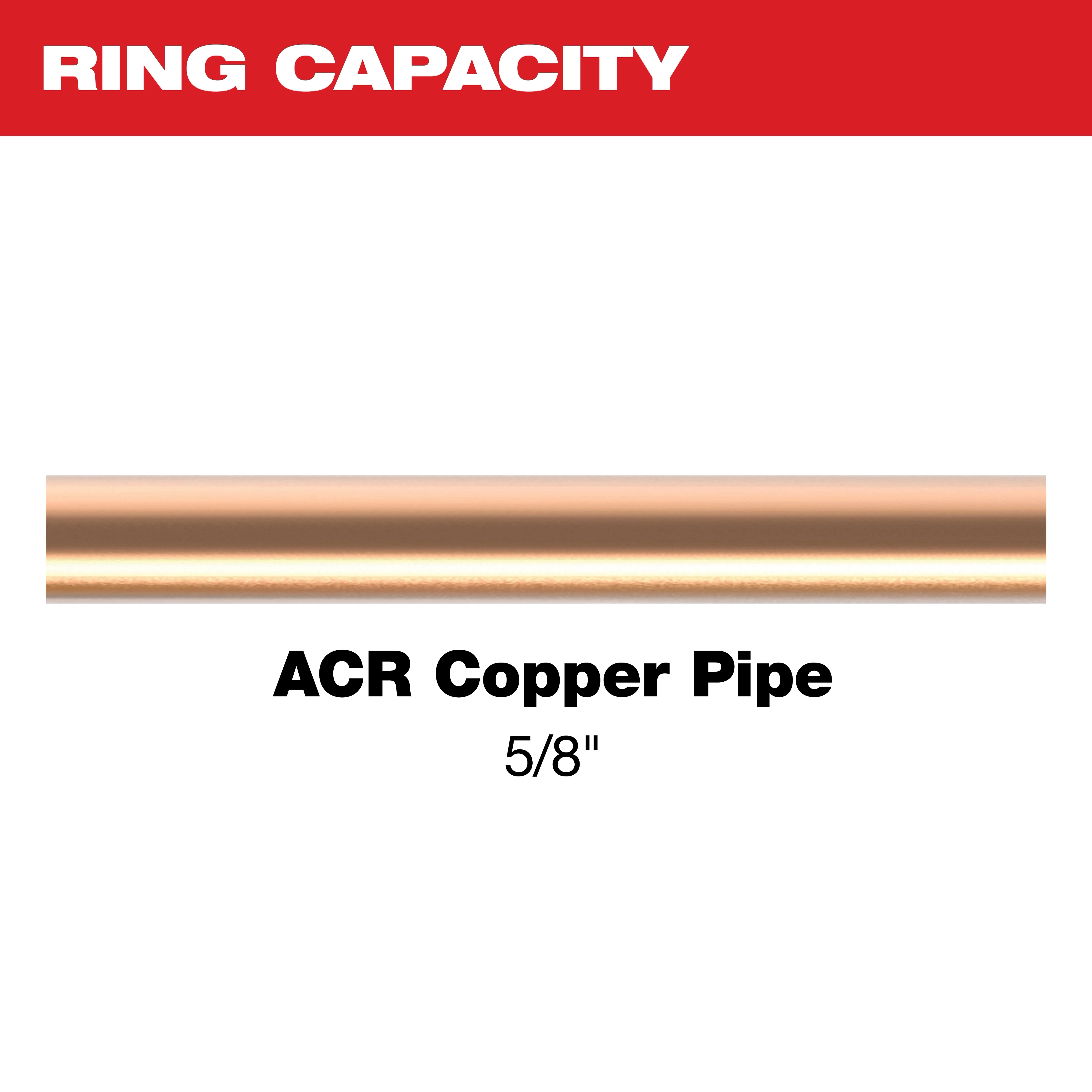 The 1/2" Streamline® ACR Pivoting Press Ring is compatible with 5/8" ACR copper pipe. The image displays a copper pipe with text indicating its size and compatibility.