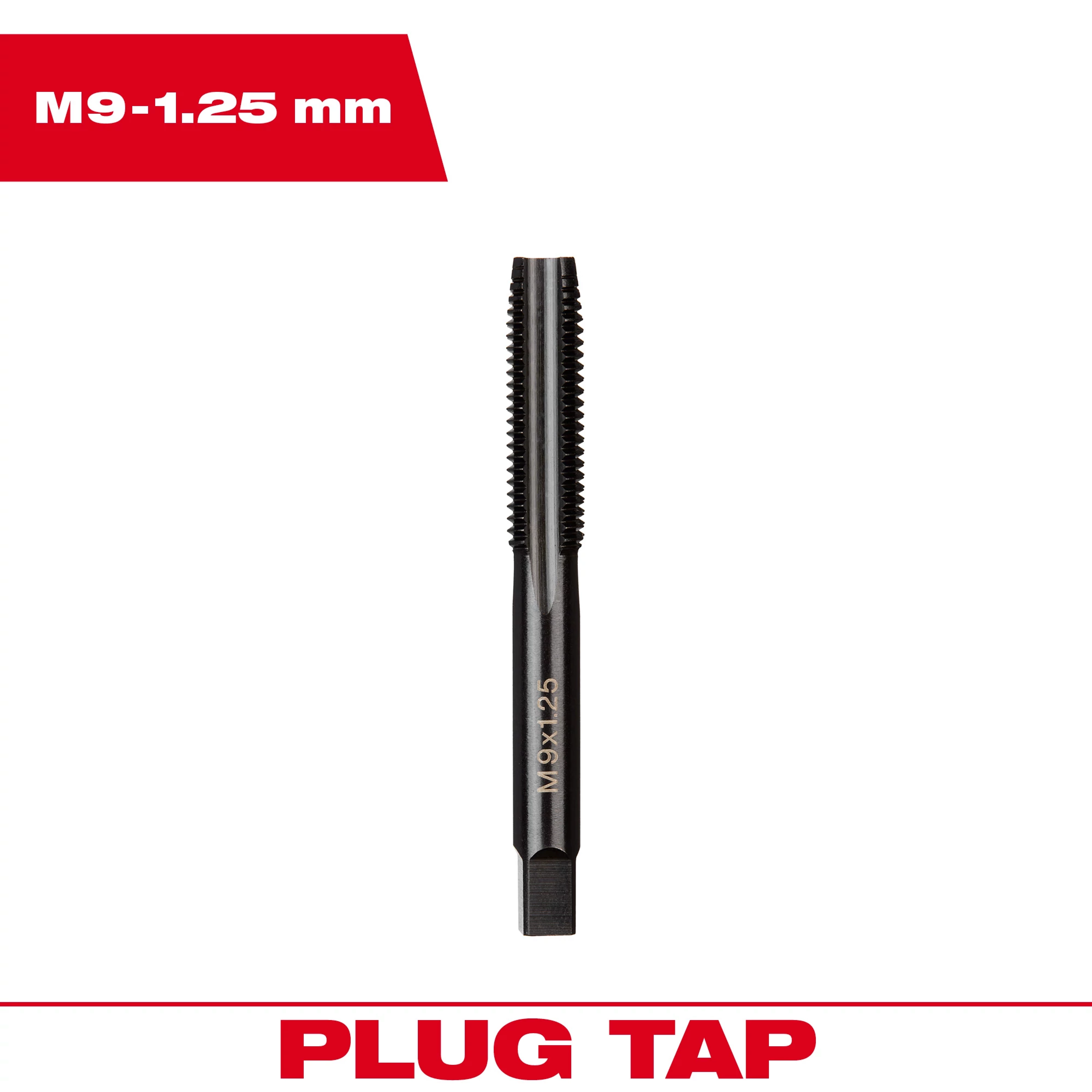 M9-1.25%20mm%20Straight%20Flute%20Plug%20Tap, a black metal tool with straight flutes, used for threading.
