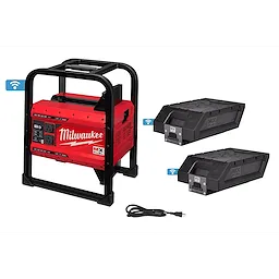 MX FUEL CARRY-ON 3600W/1800W Power Supply with two batteries and a power cord.
