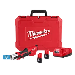 M12 FORCE LOGIC Press Tool Kit w/ ONE-KEY includes a red press tool, two batteries, a charger, and a red carrying case.