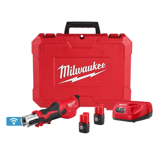 M12 FORCE LOGIC Press Tool Kit w/ ONE-KEY includes a red press tool, two batteries, a charger, and a red carrying case.