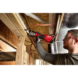 M12 FORCE LOGIC Press Tool Kit w/ ONE-KEY being used to work on pipes in a construction setting.