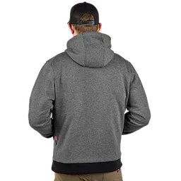 A man wearing a gray M12™ Heated Hoodie is shown from the back. The hoodie has a built-in hood and black accents on the cuffs and waistband. He is also wearing a dark baseball cap and tan pants. The background is plain white.