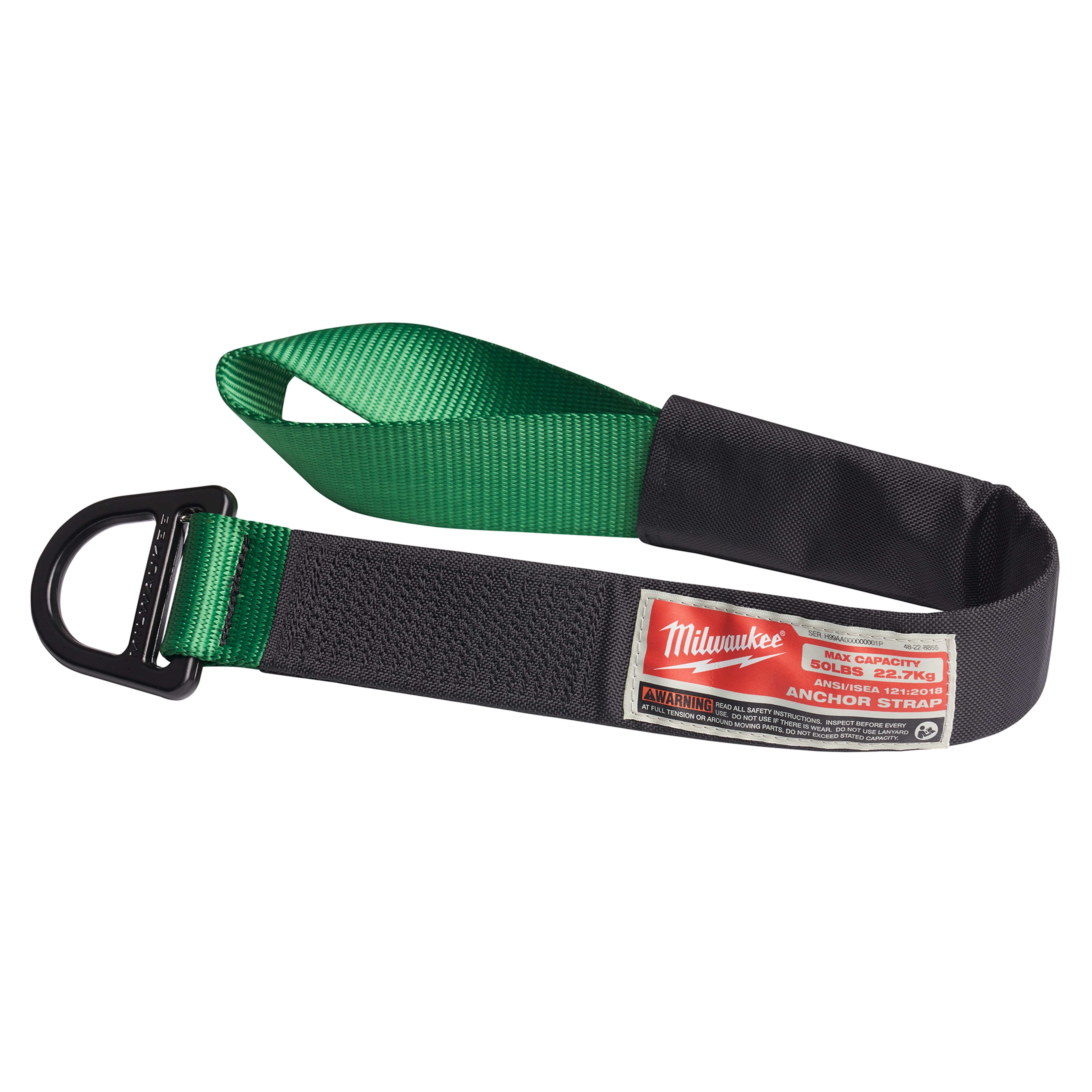 The 50LBS Anchor Strap features a sturdy black, green, and gray design with a robust metal ring on one end. The label indicates a maximum capacity of 50 pounds. Made of heavy-duty material, it is ideal for secure anchoring in various applications.
