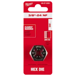 Red packaging containing a 3/8"-24 NF 1-Inch Hex Threading Die, featuring clear markings and 24 threads per inch.
