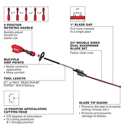 The image shows a detailed view of the M18 FUEL™ Pole Articulating Hedge Trimmer with labeled features. It highlights a 5-position rotating handle, multiple grip points, a 1-inch blade gap, a 24-inch double-sided blade set, and a 13-position articulating cutting head.
