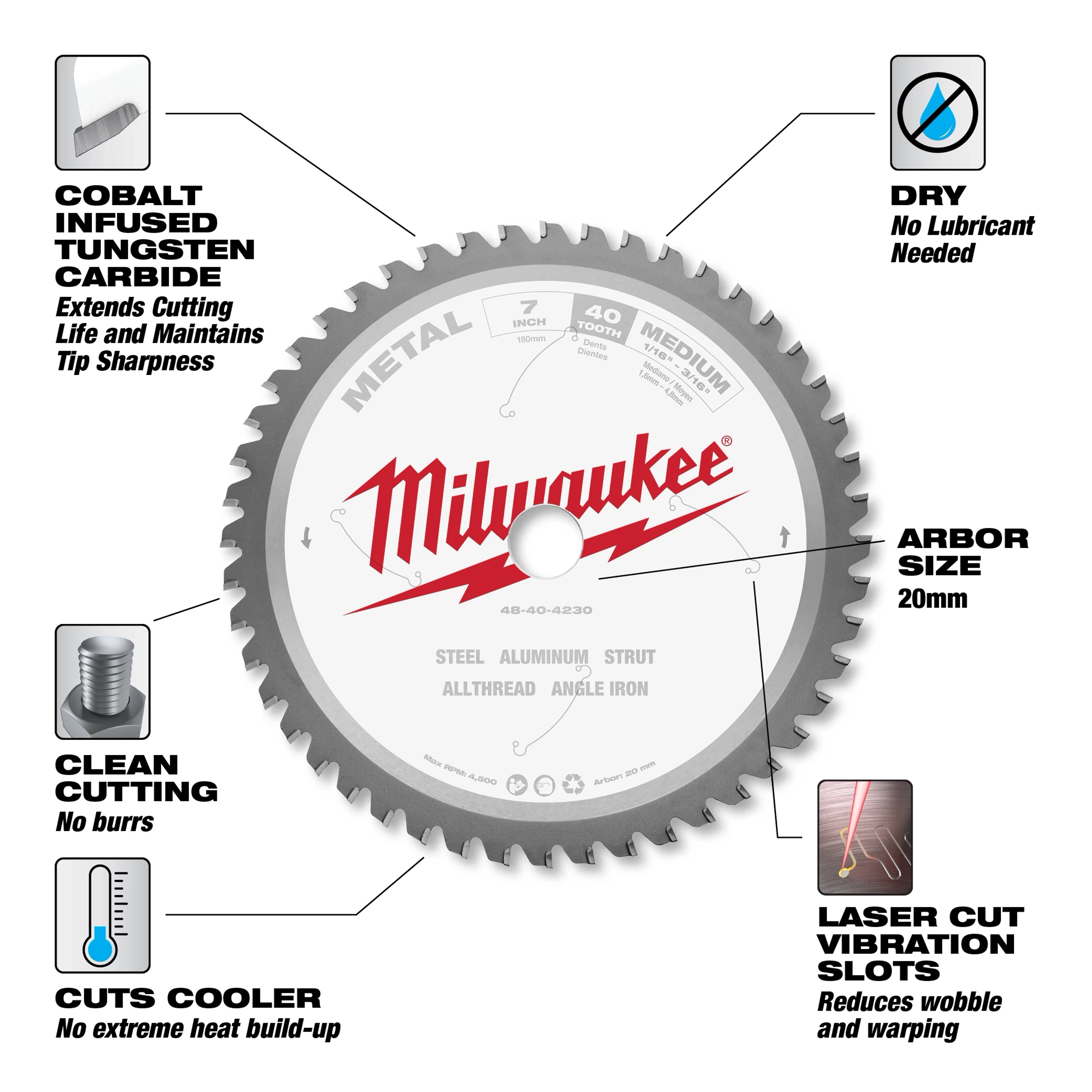 7” Medium Metal Circular Saw Blade with 20mm Arbor features clean cutting, cobalt-infused tungsten carbide tips, and laser cut vibration slots.