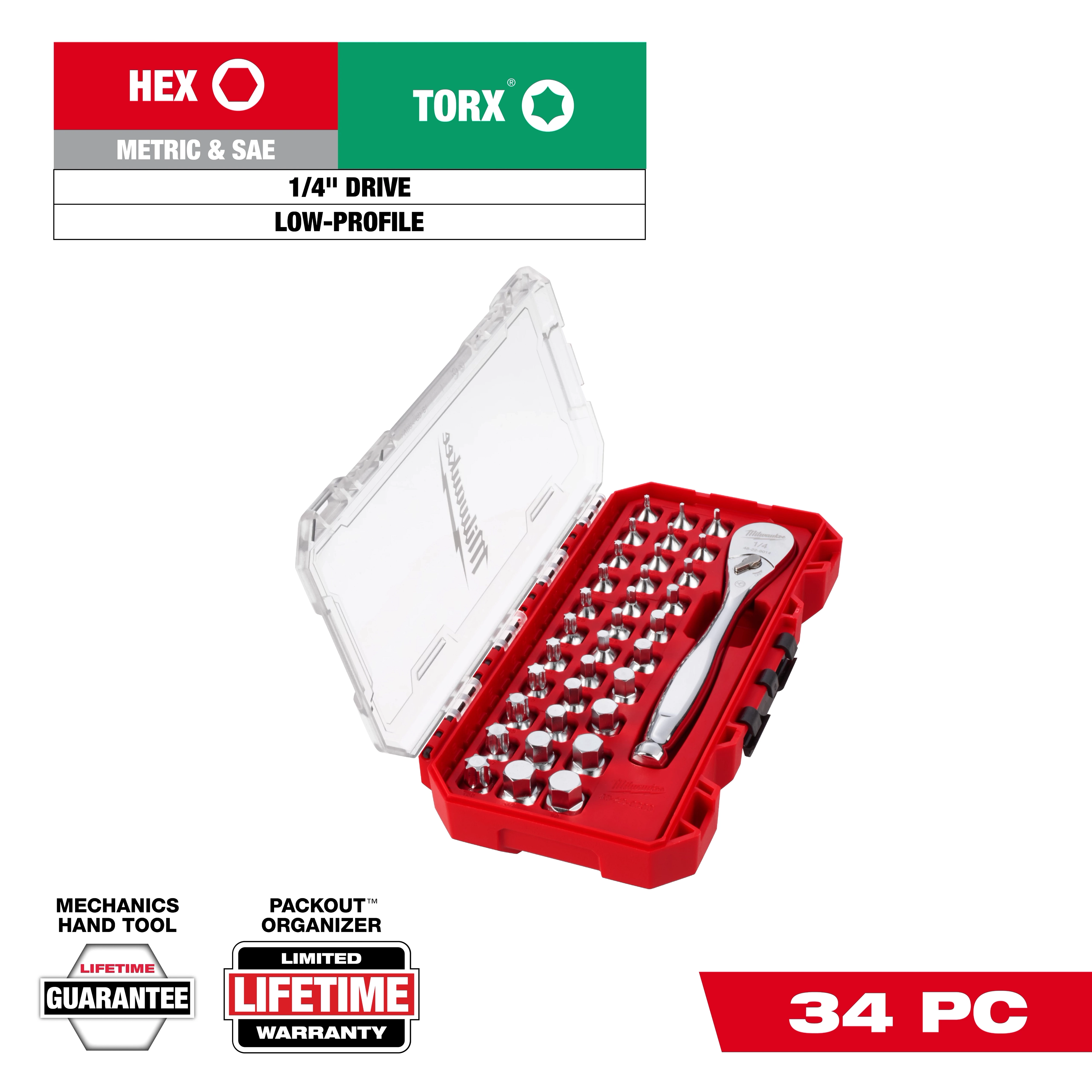 34pc 1/4” Drive Ratchet & Low-Profile Bit Socket Set in an open red case with organized sockets and a ratchet.