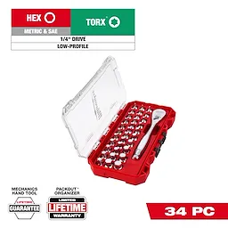 34pc 1/4” Drive Ratchet & Low-Profile Bit Socket Set in an open red case with organized sockets and a ratchet.