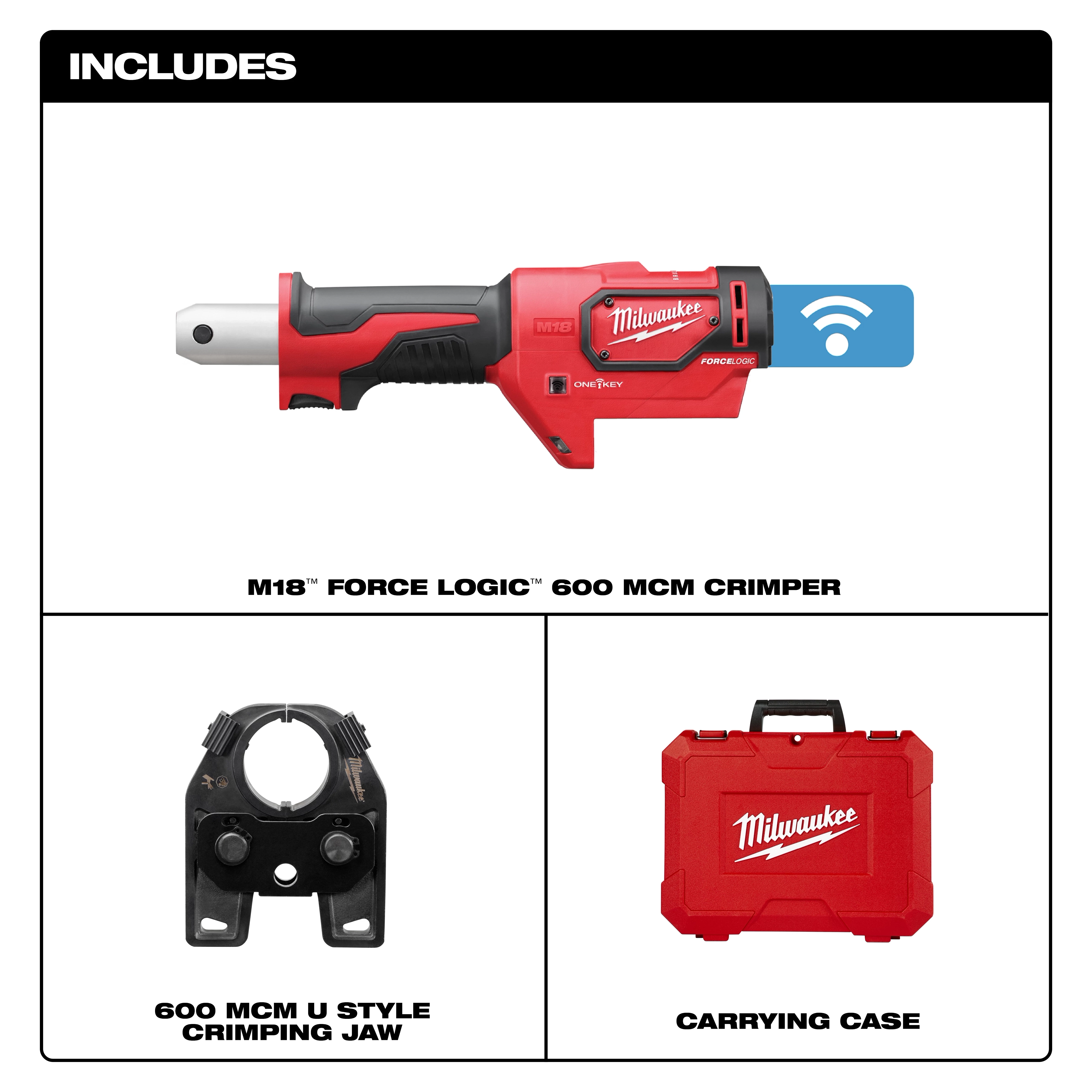 The M18™ FORCE LOGIC™ 600 MCM Crimper package includes the main crimper tool, a 600 MCM U style crimping jaw, and a red carrying case. The crimper is red and black with a gray tip and features connectivity capabilities represented with a blue icon.