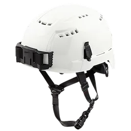 A white safety helmet features ventilation slots, an adjustable black strap, and a secure buckle. A mounting bracket is attached at the front for accessories.
