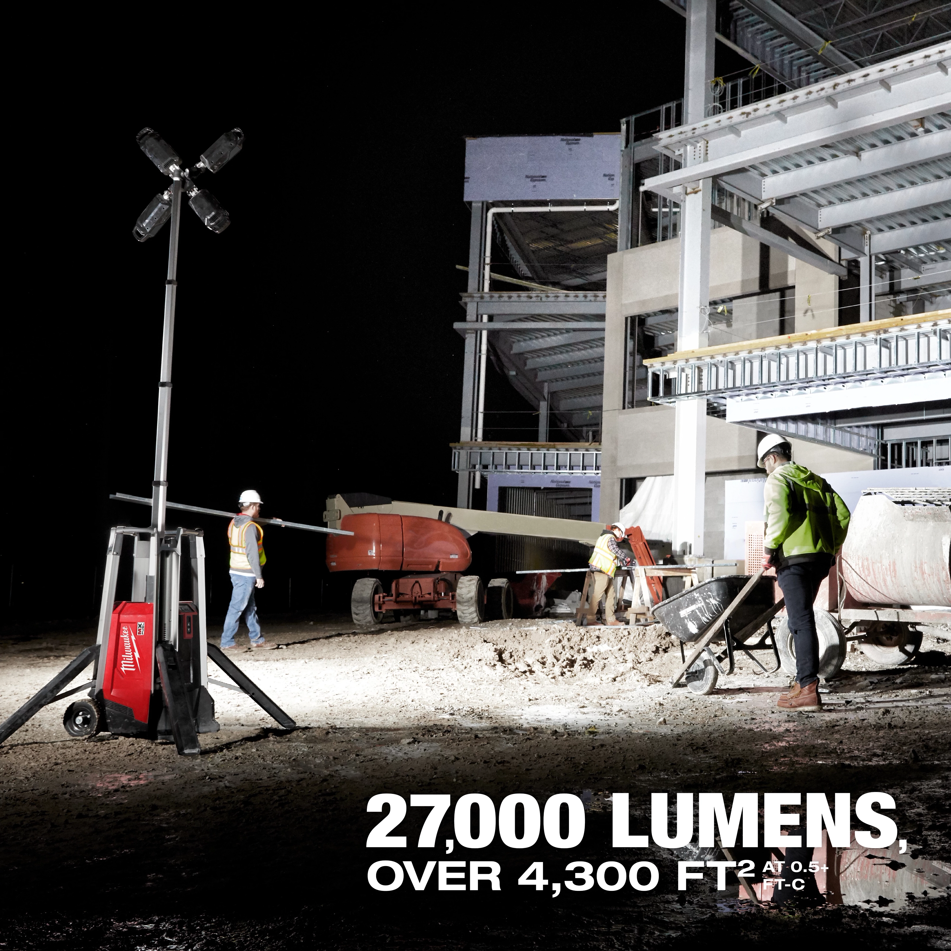 MX FUEL ROCKET Tower Light/Charger illuminating a construction site at night. Text on image reads "27,000 LUMENS OVER 4,300 FT."