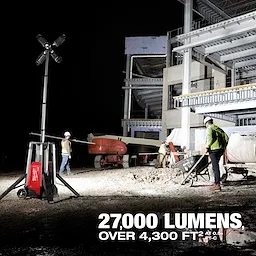 MX FUEL ROCKET Tower Light/Charger illuminating a construction site at night. Text on image reads "27,000 LUMENS OVER 4,300 FT."